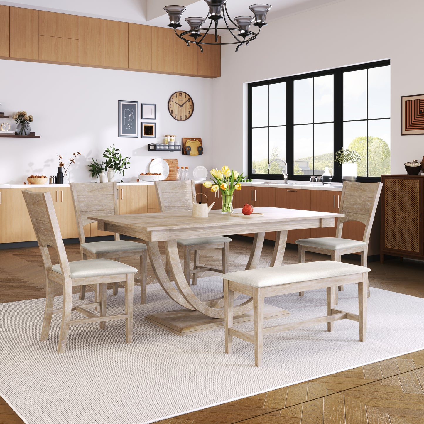 TOPMAX 6-Piece Wood Half Round Dining Table Set Kitchen Table Set with Long Bench and 4 Dining Chairs, Modern Style, Seadrift image 8