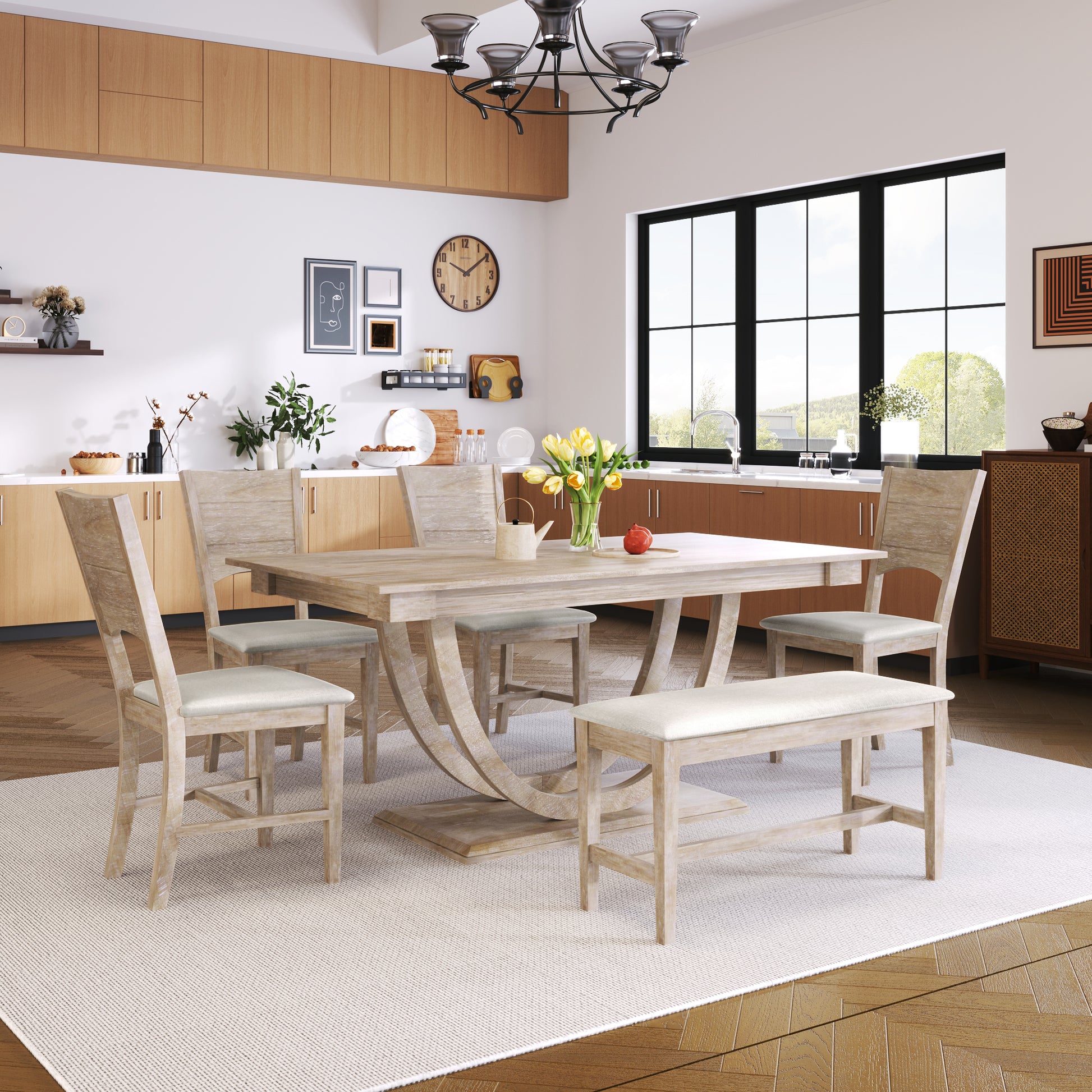 TOPMAX 6-Piece Wood Half Round Dining Table Set Kitchen Table Set with Long Bench and 4 Dining Chairs, Modern Style, Seadrift image 8