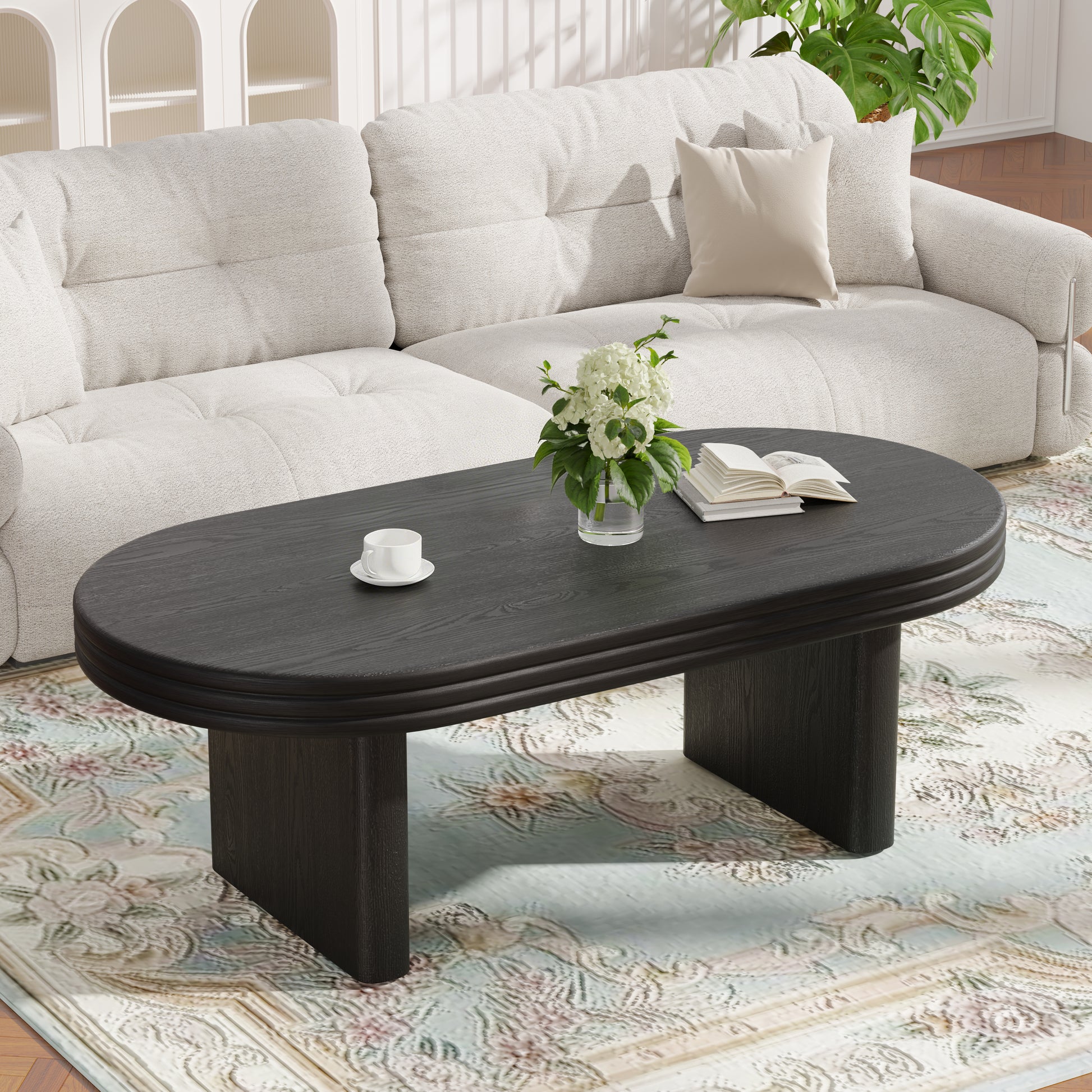 Mid Century Modern Oval Fluted Coffee Table, Farmhouse Wood Coffee Table, Cocktail Table, Center Table for Living Room, Office, Home Decor(Black, 23.62" D x 47.24" W x 16.34" H) image 3