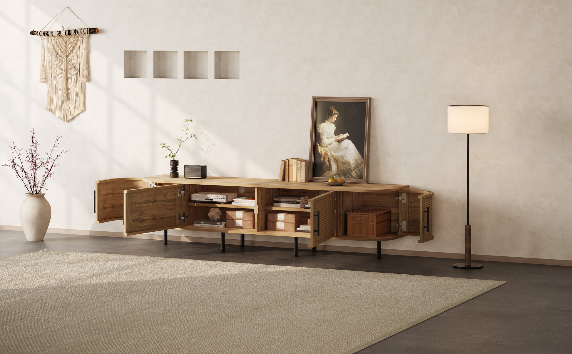 70inch Modern TV Stand with Rattan Doors for TVs up to 80", Media Console with Storage Space & Cable Holes, Entertainment Center for Living Room image 10