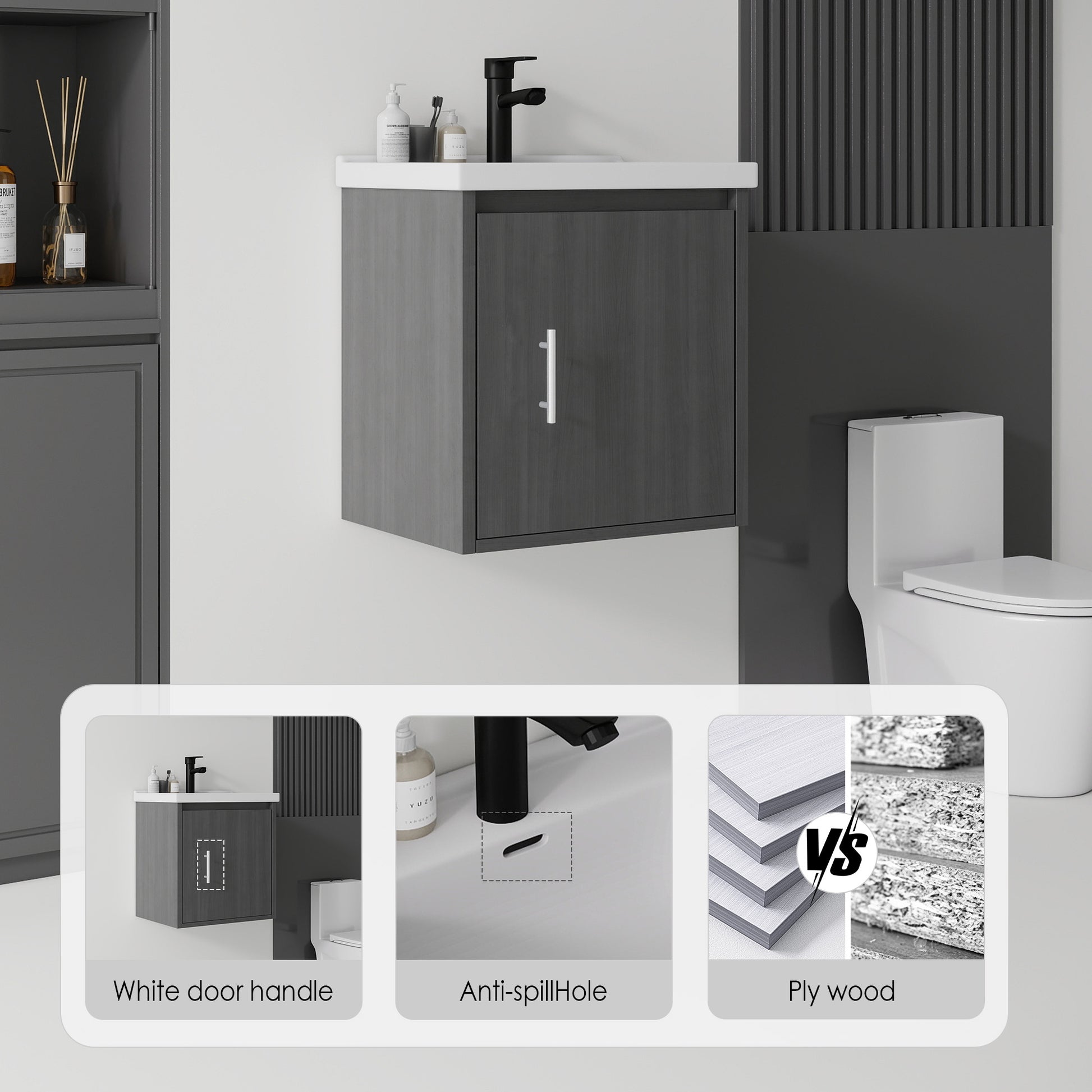 20 Inch Floating Bathroom Vanity with Sink, Soft-Close Door,Ceramic Sink,Plywood, Grey image 10