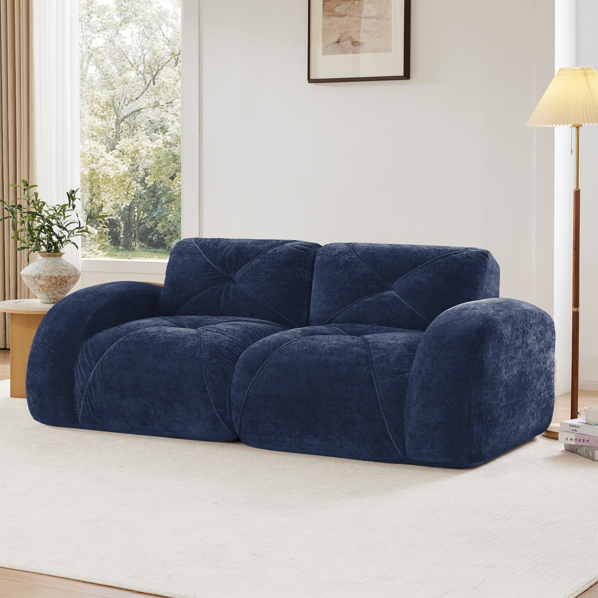 2-seater Tufted Sofa Couches With boneless Sofa,Soft Velvet Fabric,Bottom Anti-Slip Design,32D High Density Sponge,Ergonomic Design Bottom,No Assembly Required,Fits Living Rooms,Blue image 2