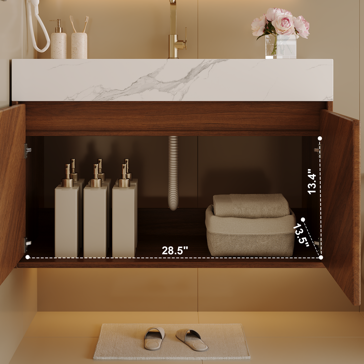 30" Modern Wall-Mounted Bathroom Vanity with Ceramic Sink – Brown Oak, Soft-Close image 10