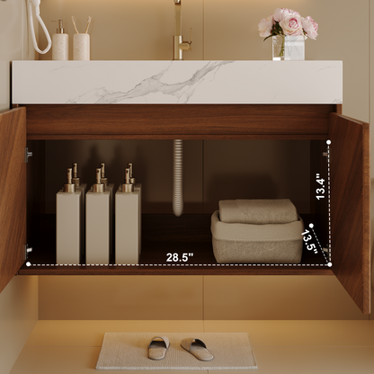 30" Modern Wall-Mounted Bathroom Vanity with Ceramic Sink – Brown Oak, Soft-Close image 10