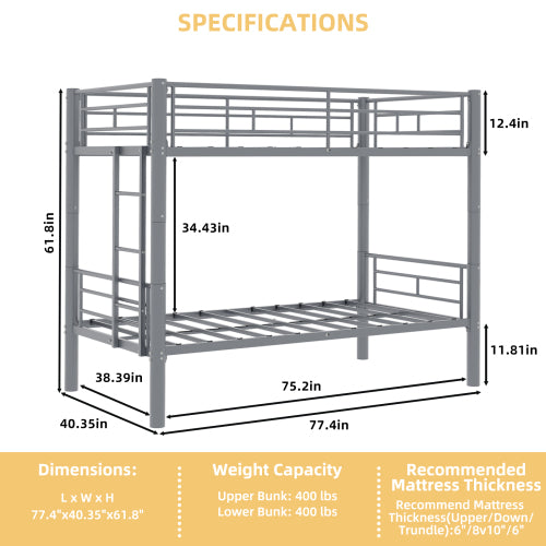 Convertible Twin Metal Bunk Bed Frame, Heavy-Duty Iron Build, Detachable into Two Twin Beds, Space-Saving Design with High Weight Support 400 lbs, Silver. image 12