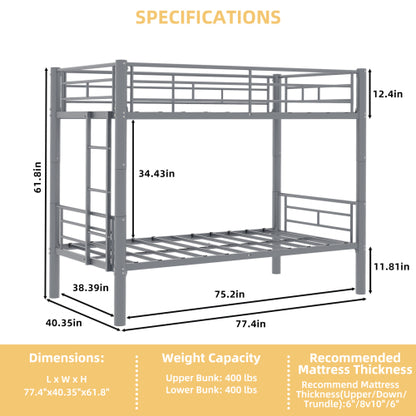 Convertible Twin Metal Bunk Bed Frame, Heavy-Duty Iron Build, Detachable into Two Twin Beds, Space-Saving Design with High Weight Support 400 lbs, Silver. image 12