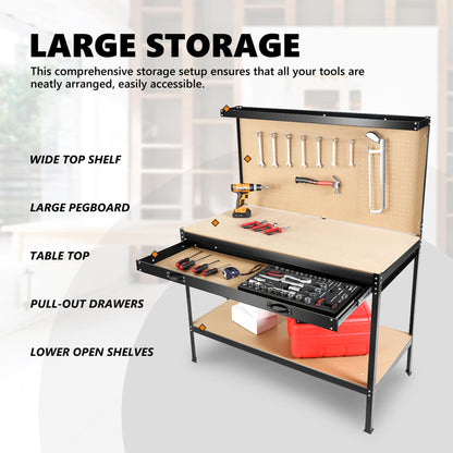 63" Tools Cabinet Working Tables Workbench Tool Storage Workshop Table with Drawers and Pegboard image 10