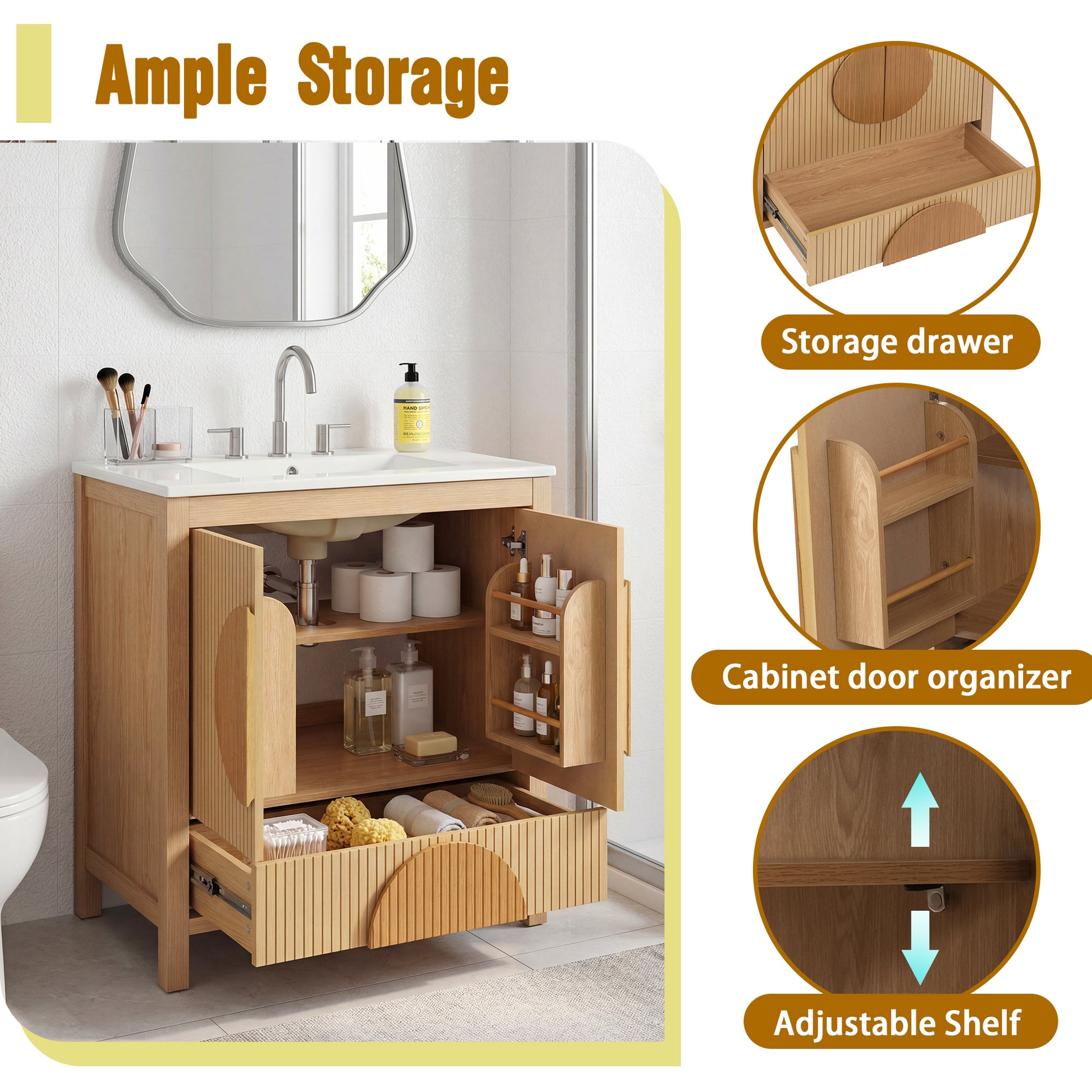 30 Inch Fluted Bathroom Vanity with Sink - Freestanding Modern Wood Cabinet with Soft-Close Doors, 1 Drawer & Open Storage, Decorative Circular Accent, Solid Wood & MDF Build, image 6