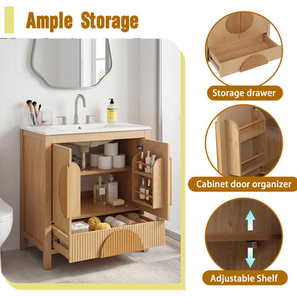 30 Inch Fluted Bathroom Vanity with Sink - Freestanding Modern Wood Cabinet with Soft-Close Doors, 1 Drawer & Open Storage, Decorative Circular Accent, Solid Wood & MDF Build, image 6