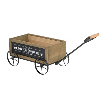 16.5x9.5x8" Rustic Wooden Wagon Planter with Black Iron Wheels and Handle image 6