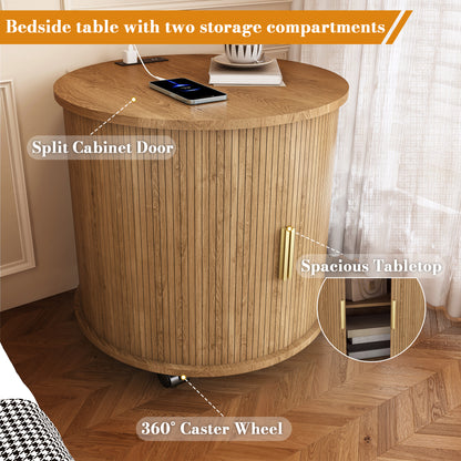 Set of2 Mid Century Modern Cylinder End Table with Built-in Charging Station & Sliding Door, 2-Tier Storage Round Nightstand with USB Ports, Osk Bedside Table for Living Room, Bedroom, Entryway image 3