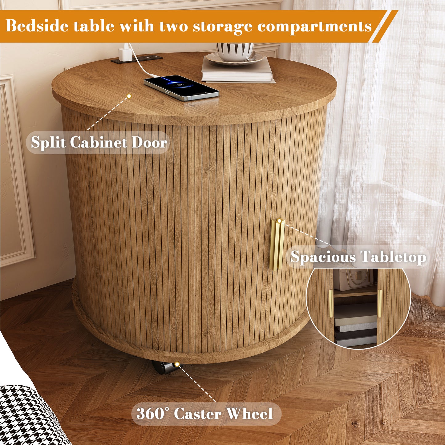 Mid Century Modern Cylinder End Table with Built-in Charging Station & Sliding Door, 2-Tier Storage Round Nightstand with USB Ports, Osk Bedside Table for Living Room, Bedroom, Entryway image 3