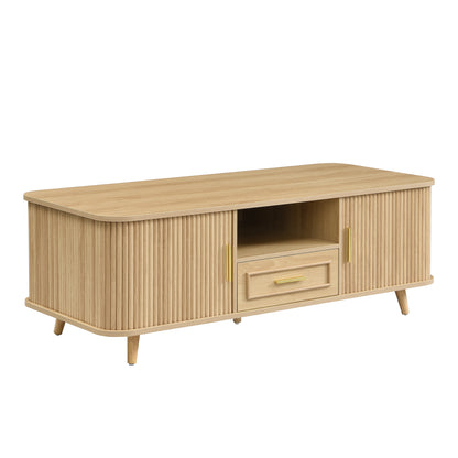 Mid-Century Modern Coffee Table with Storage: Natural Wood Finish, 2 Doors & 1 Drawer, For Living Room, Entertainment Center, Home Theater image 5