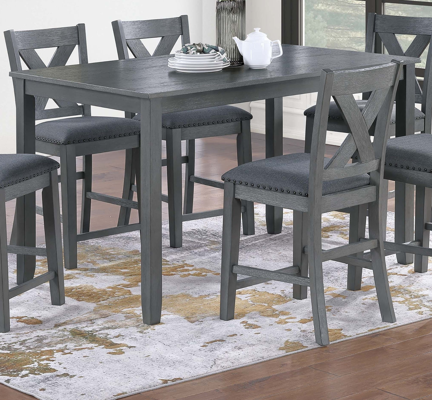 Modern Style Gray Dining Table 6x Chairs 7pcs Counter Height Set Cushion Seat Nailhead X-Cross Back Chairs Dining Room Furniture image 9