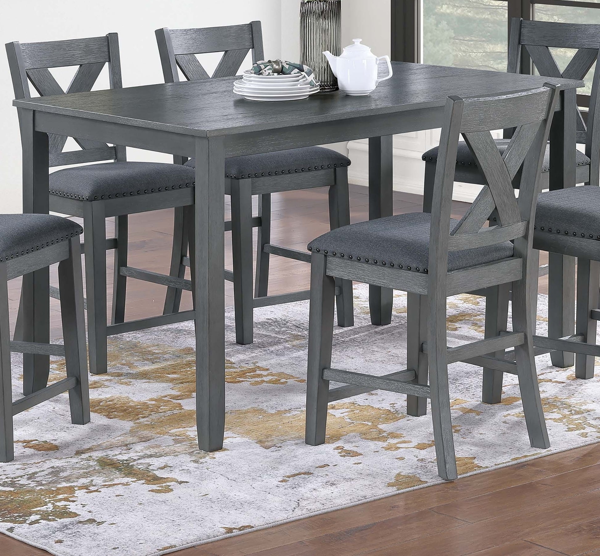 Modern Style Gray Dining Table 6x Chairs 7pcs Counter Height Set Cushion Seat Nailhead X-Cross Back Chairs Dining Room Furniture image 9