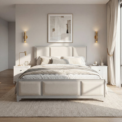 King Size Bed Frame with Upholstered Headboard, White Solid Wood & Beige Fabric, No Box Spring Needed, Modern Farmhouse Style image 3
