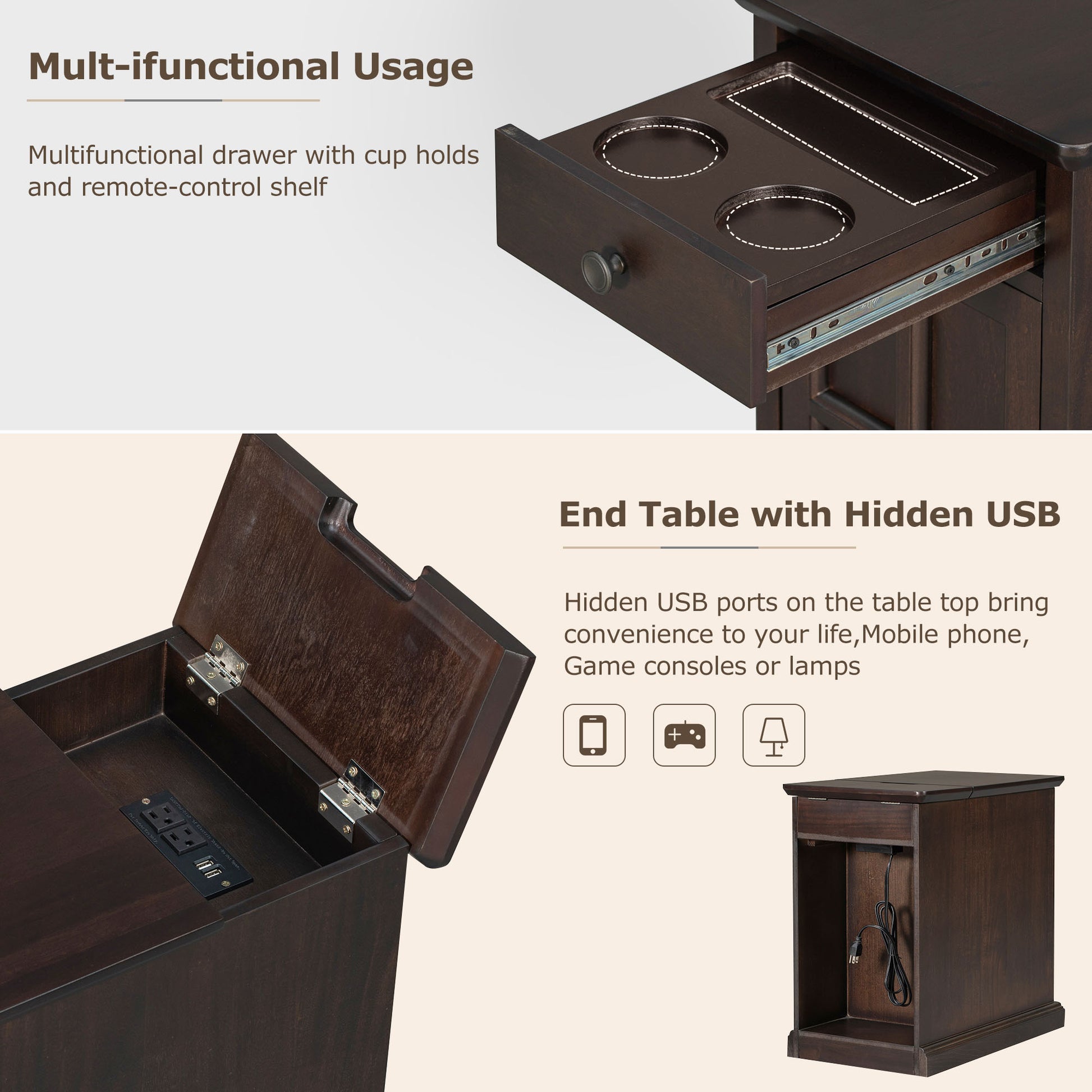 U-Can Classic Vintage Livingroom End Table Side Table with USB Ports and One Multifunctional Drawer with cup holders, Antique Espresso (Old SKU: WF296294AAP) image 5