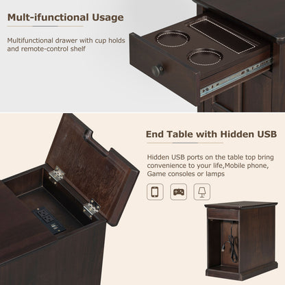 U-Can Classic Vintage Livingroom End Table Side Table with USB Ports and One Multifunctional Drawer with cup holders, Antique Espresso (Old SKU: WF296294AAP) image 5