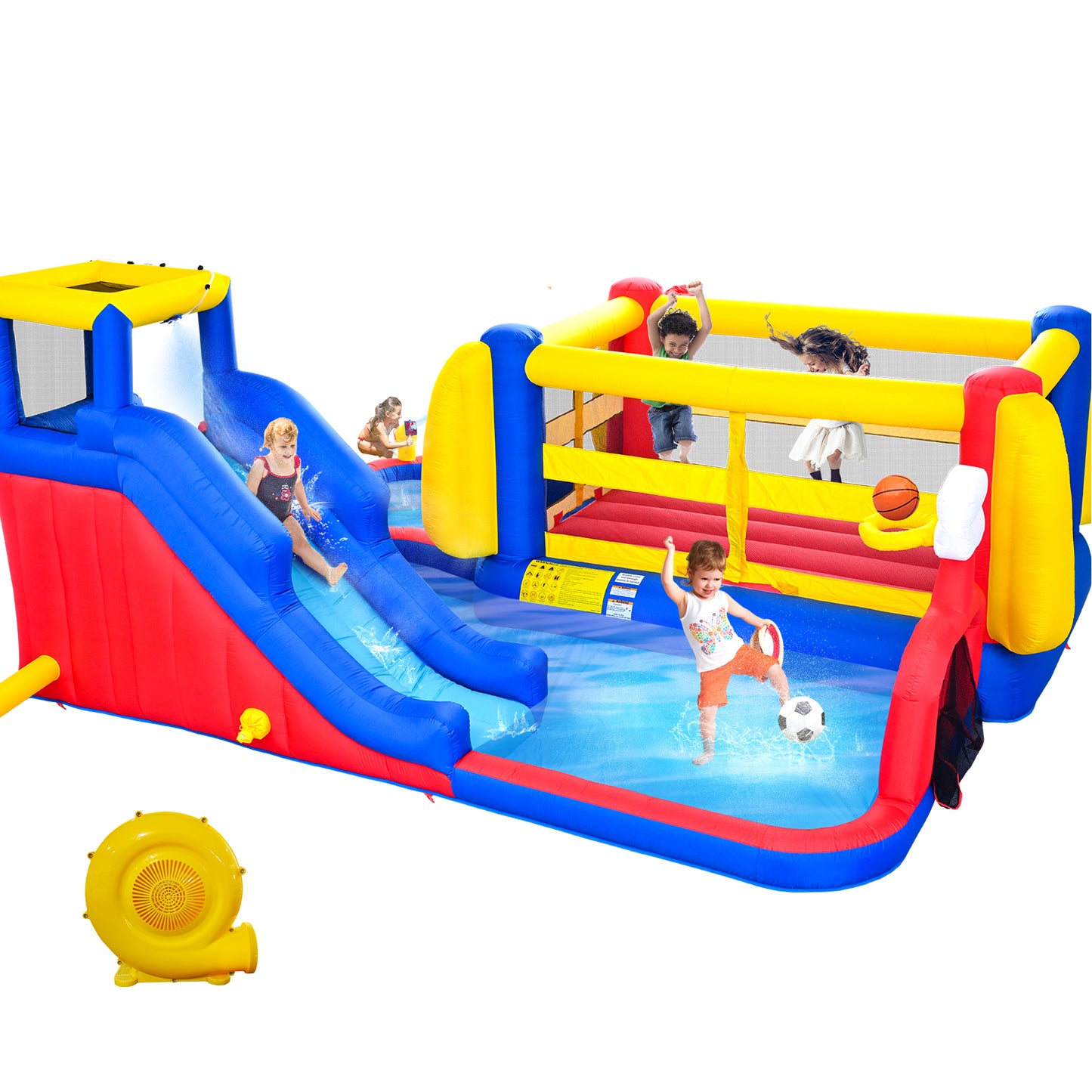 7 in1 Inflatable Slide Water Park with Deep Water Pool Basketball Hoop Football Gate Water Cannon Climb Wall Bounce House for Kids image 1