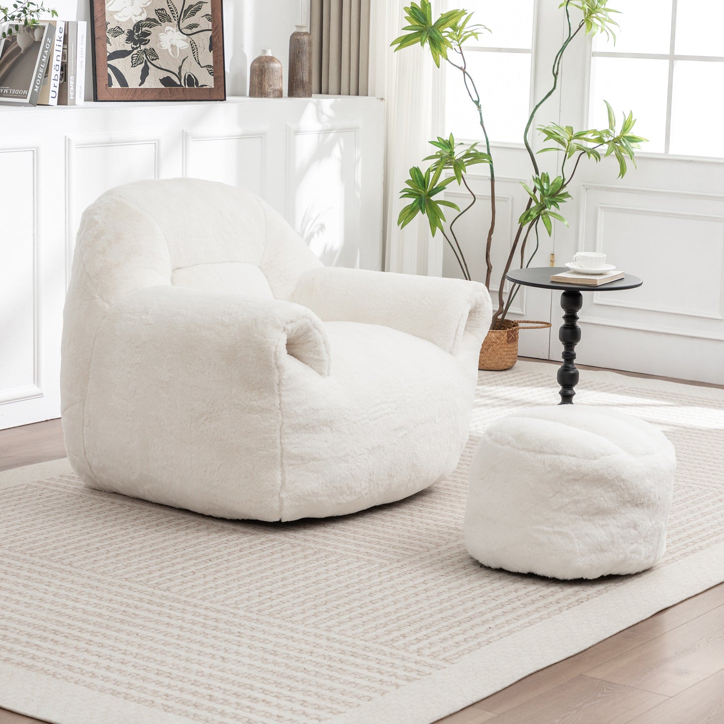 Bean Bag Chair, Comfy Bean Bag Sofa with Back Support, With Footstool,Faux Fur Bean Bag Chair for Adults and Kids, Stuffed Floor Sofa for Living Room, Bedroom, Apartment, White image 3