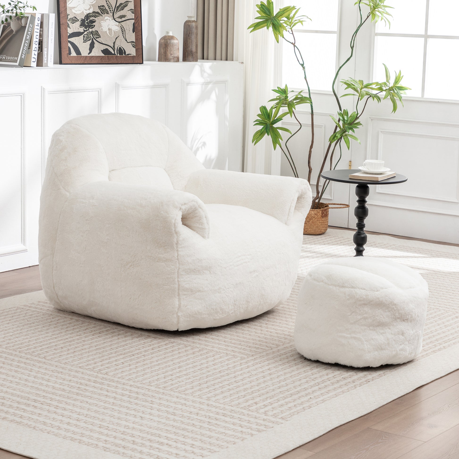 Bean Bag Chair, Comfy Bean Bag Sofa with Back Support, With Footstool,Faux Fur Bean Bag Chair for Adults and Kids, Stuffed Floor Sofa for Living Room, Bedroom, Apartment, White image 3