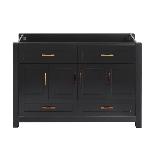 48 inch black bathroom vanity with soft close doors and drawers front view
