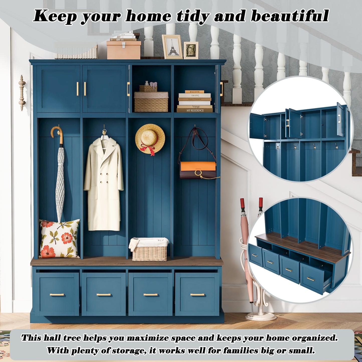 U-Can Farmhouse Entryway Hall Tree with Coat Hooks, Cabinets, and Drawers image 7