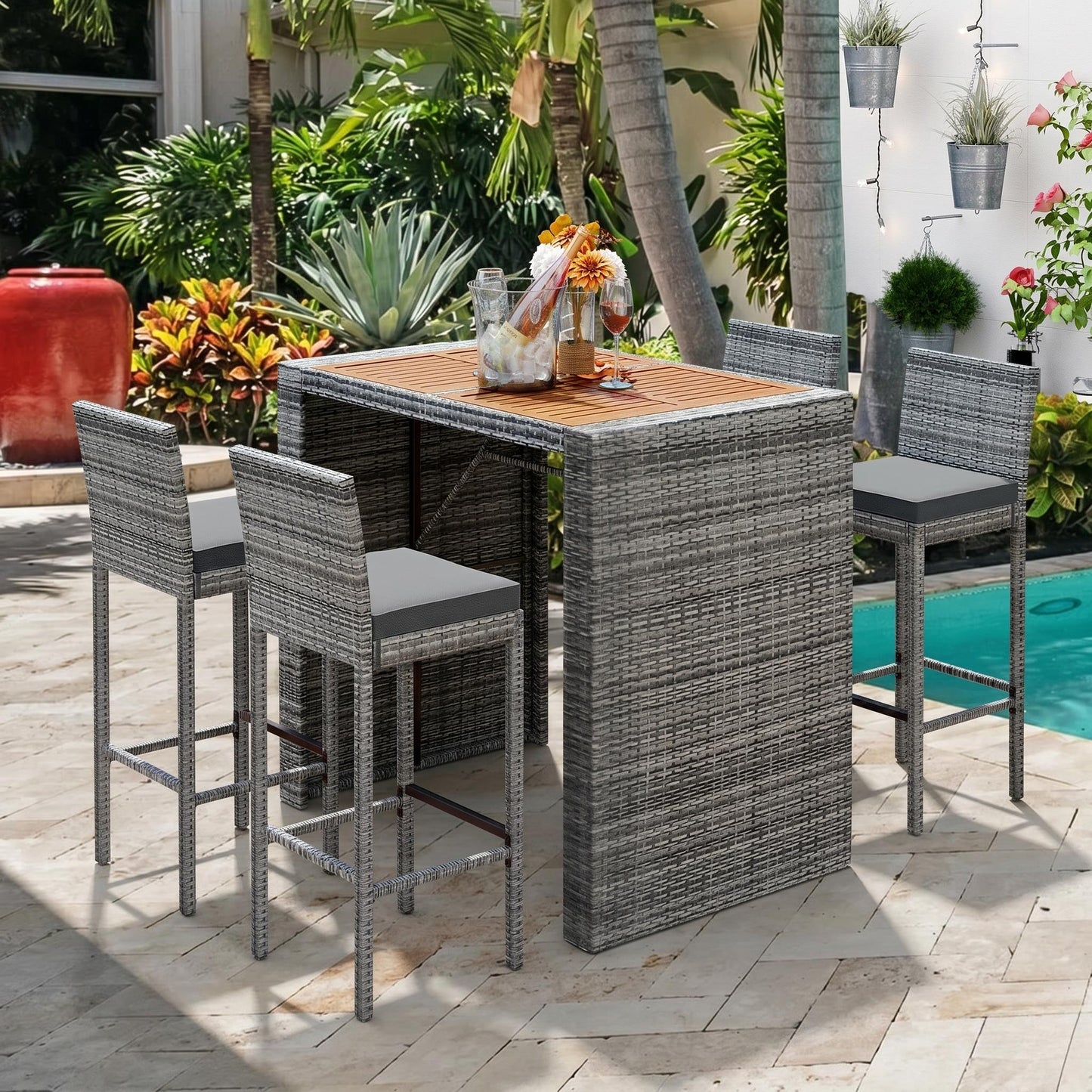 <Old SKU: FG201216AAE> GO 5-pieces Outdoor Patio Wicker Bar Set, Bar Height Chairs With Non-Slip Feet And Fixed Rope, Removable Cushion, Acacia Wood Table Top, Brown Wood And Gray Wicker image 1