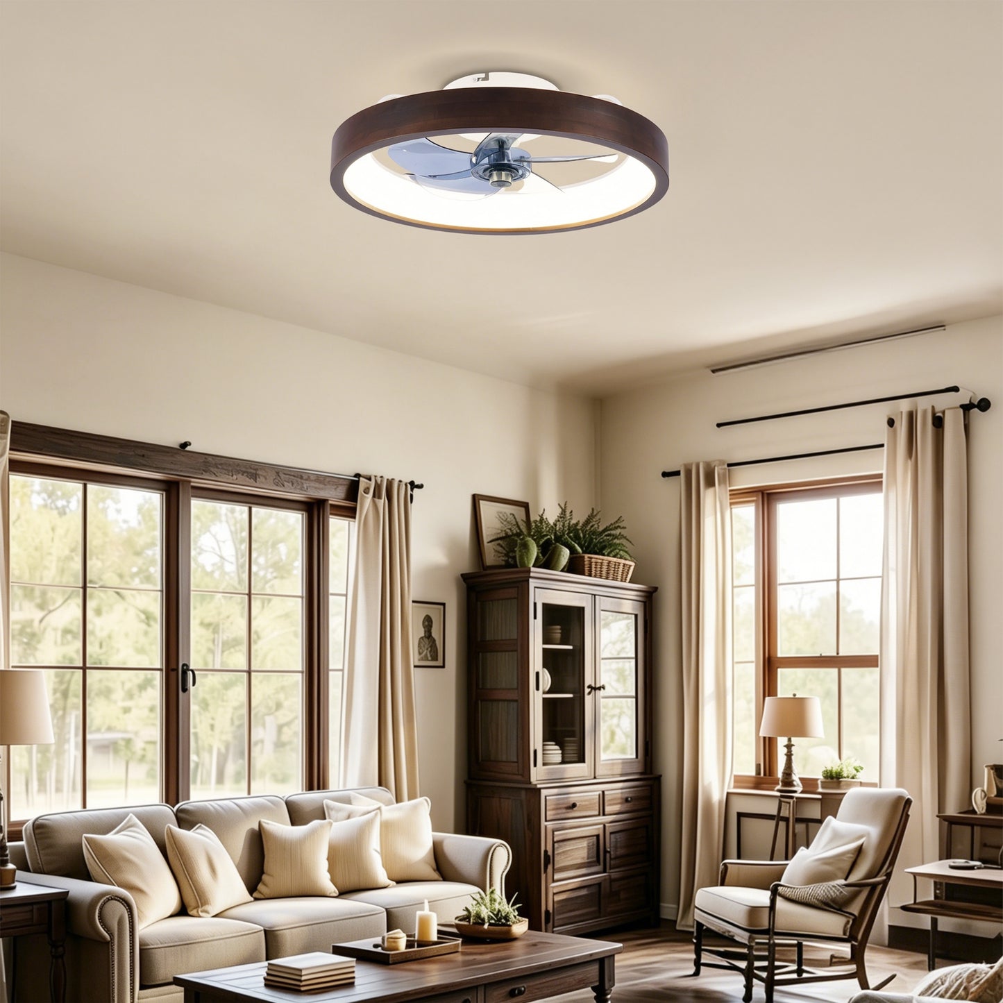 20" Modern Flush Mount Ceiling Fans with Lights Kit (LED), 3000-6500K Dimmable LED Fan Light, 6 Speeds, Quiet DC Motor For Living room, Bedroom,Kitchen----Wood+White image 3