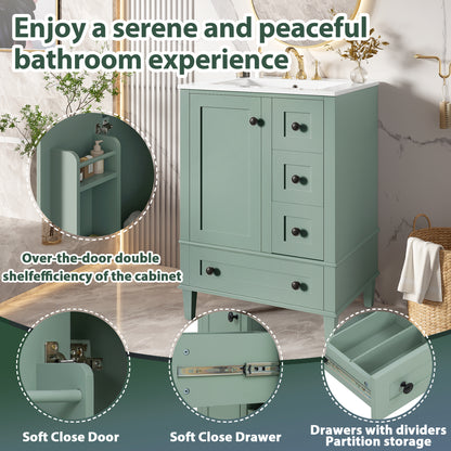 24-inch light green bathroom vanity with an integrated ceramic basin, featuring a door-mounted double-layer shelf, soft-close drawers, and a soft-close cabinet door image 5
