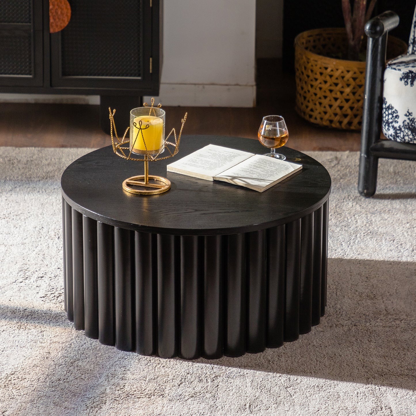 Round Coffee Table With Lift Handcrafted Relief Sturdy Pedestal Wooden Tea Table for Living Room no need to Assemble image 2