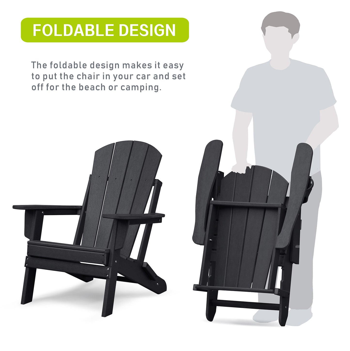 Folding Outdoor Adirondack Chair Set of 2 and Table Set,HDPE All-weather Folding Fire Pit Chair, Ergonomic Design Patio Lawn Chair for Outside Deck Garden Backyardf Balcony, Black image 3
