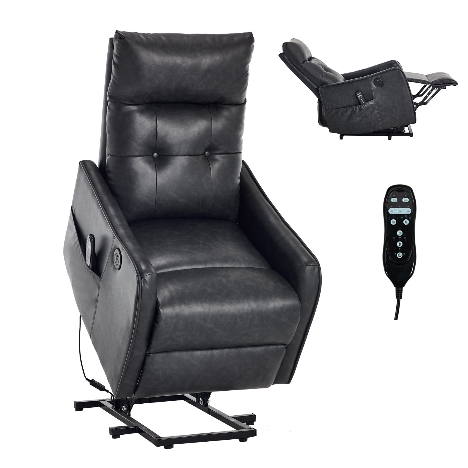 Deep Grey PU Single Motor Power Lift Recliner Chair with Massage and Heat for Elderly, Heavy Duty Motion Mechanism and One USB for Charging, Max Reclining Angle 155° image 11