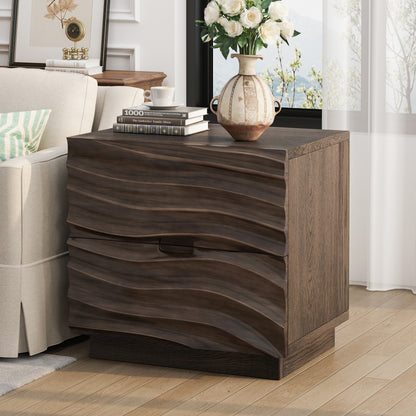 Solid Wood Nightstands, Bedside Table with 2 Drawers, No Handles, Sofa End Table for Living Room, Bedrooms,Brown image 1