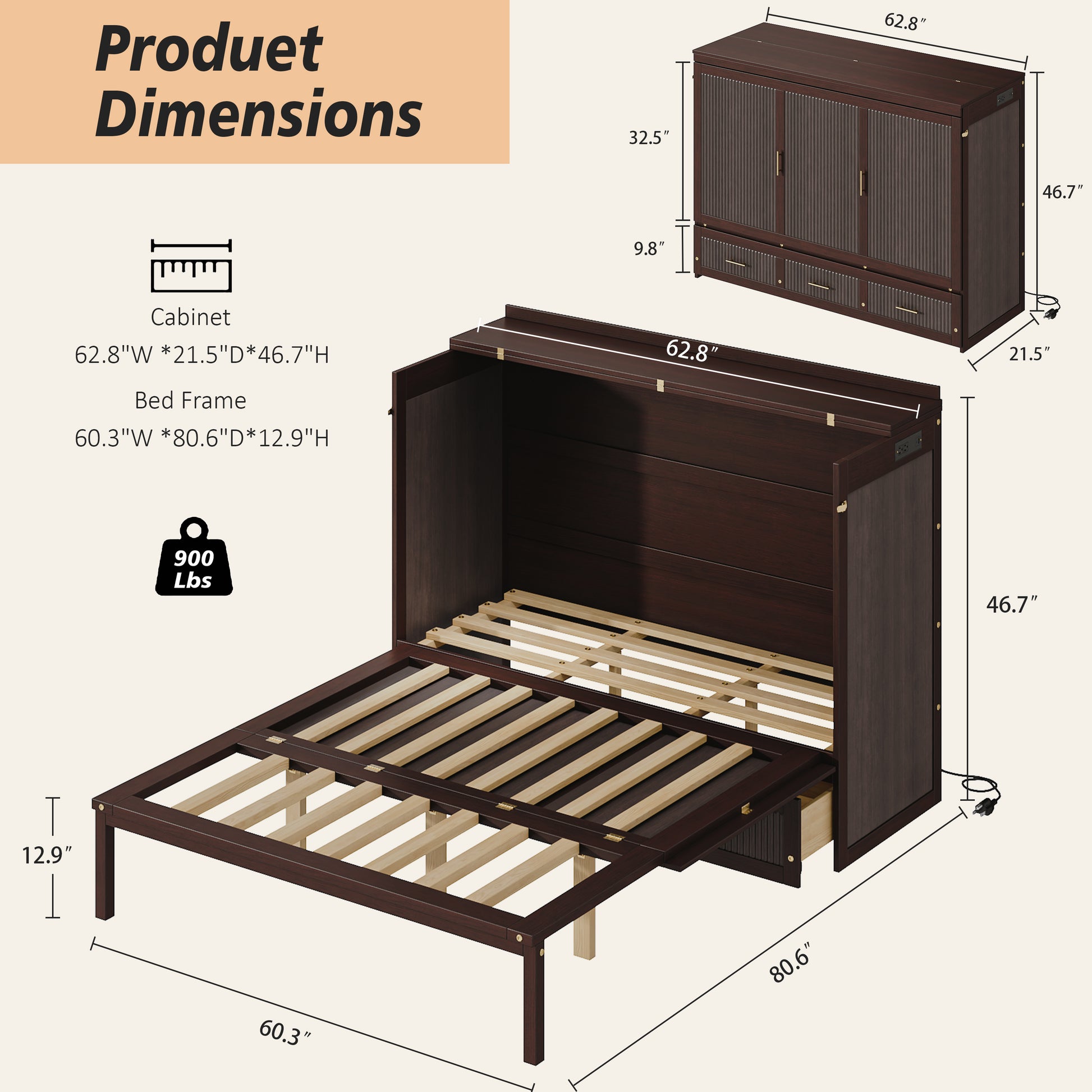 Multifunctional Murphy Bed Cabinet with USB Charging Station, Queen Size Vertical Foldaway Bed with Drawers, Space Saving Hidden Wall Bed with Safety Lock & Anti-Tip Device, Coffee. image 4
