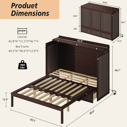 Multifunctional Murphy Bed Cabinet with USB Charging Station, Queen Size Vertical Foldaway Bed with Drawers, Space Saving Hidden Wall Bed with Safety Lock & Anti-Tip Device, Coffee. image 4