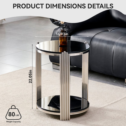16.90 Inch Modern End Table, Bedside Table,Double-Layer Tempered Black Glass & Silver Stainless Steel Frame Living Room Table, Round Table,Easy Assembly. image 8