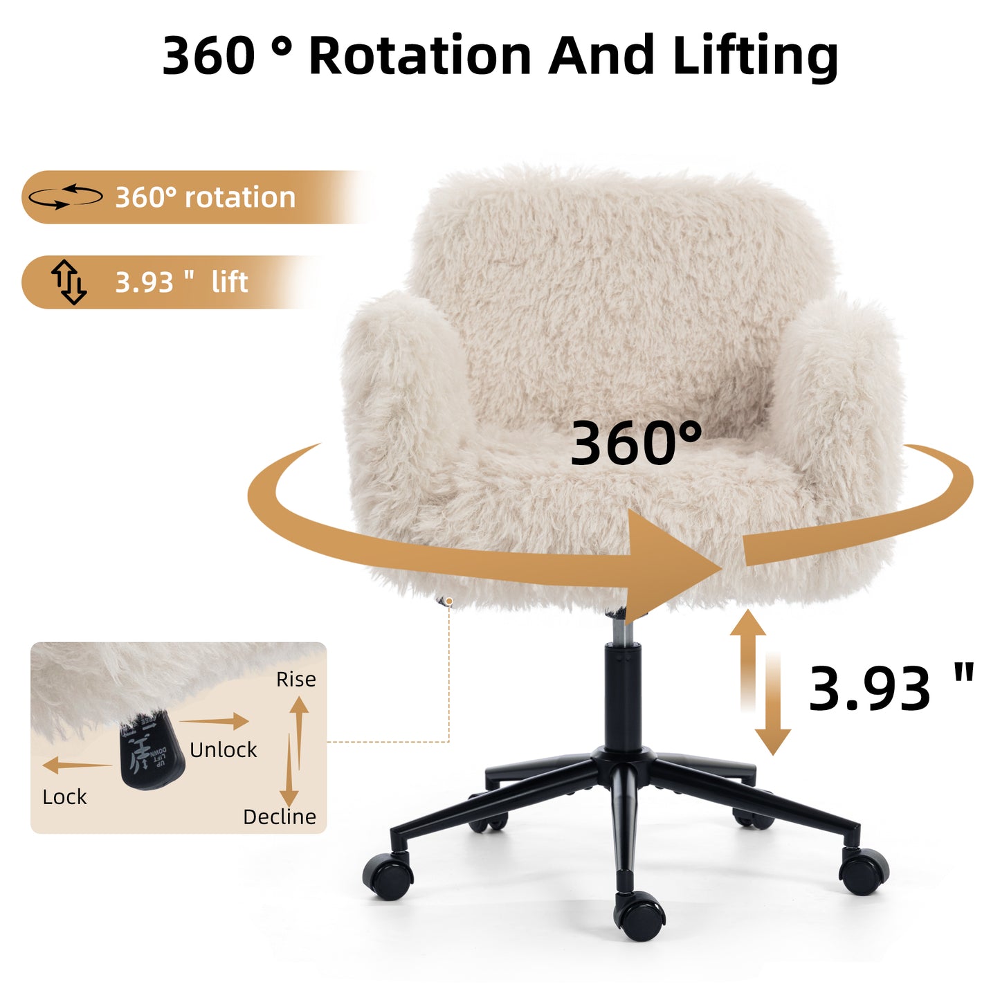 Criss Cross Chair with 5-Gear Adjustable Armrests & Wheels, Ergonomic Thickened Backrest Swivel Desk Chair for Home Office, Vanity, Bedroom and Living Room, Beige Lamb wool image 4