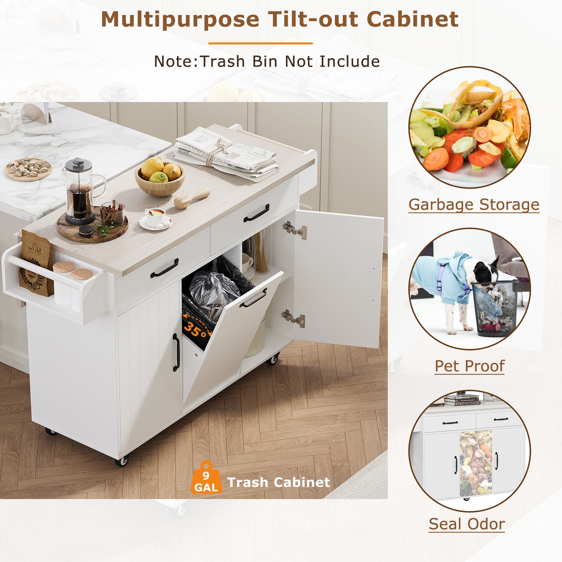 K&K Kitchen Island with Trash Can Storage Cabinet, Kitchen Cart with Drop Leaf, Spice Rack, Towel Rack and Drawer, Rolling Kitchen Island on Wheels with Adjustable Shelf, White image 12