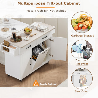 K&K Kitchen Island with Trash Can Storage Cabinet, Kitchen Cart with Drop Leaf, Spice Rack, Towel Rack and Drawer, Rolling Kitchen Island on Wheels with Adjustable Shelf, White image 12