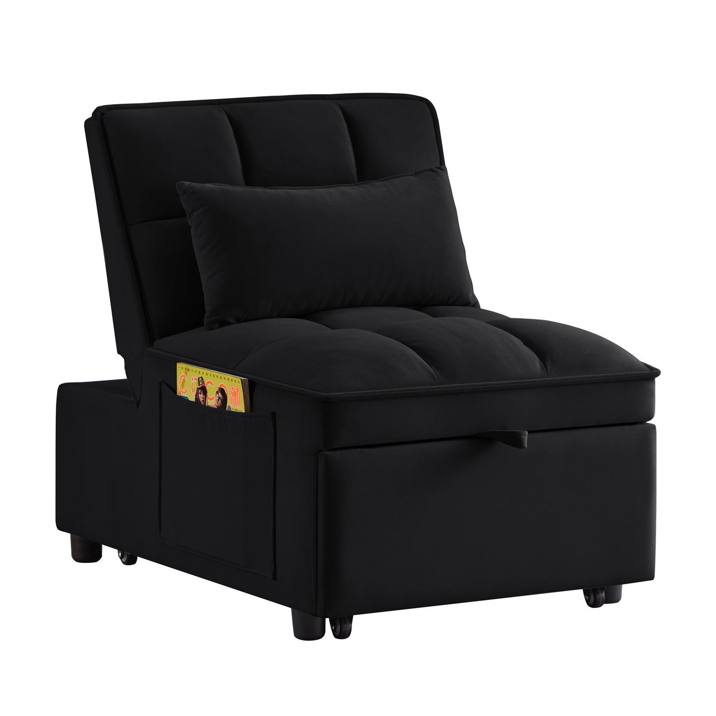 4 in1 Multi-Function Single Sofa Bed with Storage Pockets,Tufted Single Pull-out Sofa Bed with Adjustable Backrest and Pillows,Convertible Chaise Lounge,Black image 4