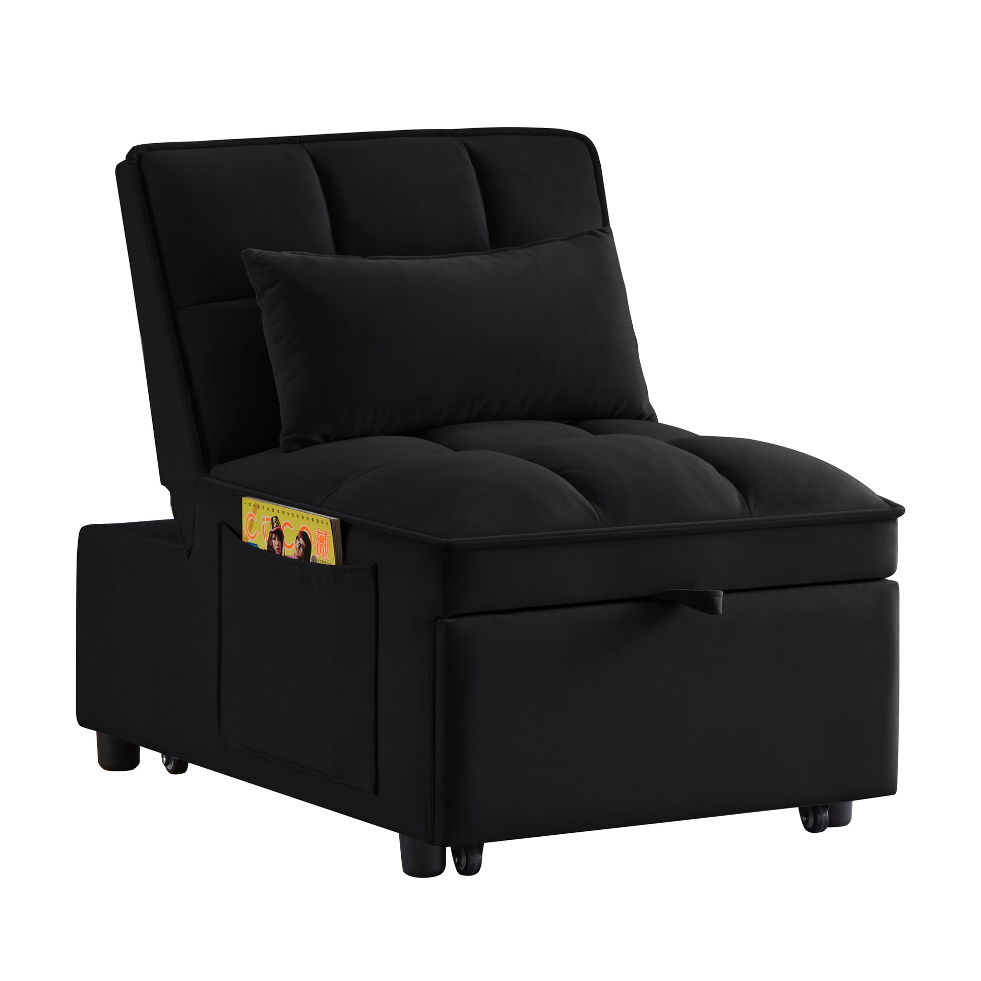 4 in1 Multi-Function Single Sofa Bed with Storage Pockets,Tufted Single Pull-out Sofa Bed with Adjustable Backrest and Pillows,Convertible Chaise Lounge,Black image 4