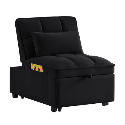 4 in1 Multi-Function Single Sofa Bed with Storage Pockets,Tufted Single Pull-out Sofa Bed with Adjustable Backrest and Pillows,Convertible Chaise Lounge,Black image 4