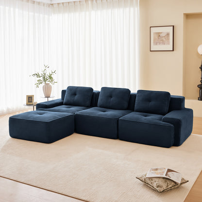 117" Modern L-Shaped Modular Sectional Sofa for Living Room, Corduroy Fabric,3-Seater Couch with Deep Seat and Movable Ottoman,Pearl-like piping, Tufted Design,No Assembly, Anti-slip Design​, Blue image 2