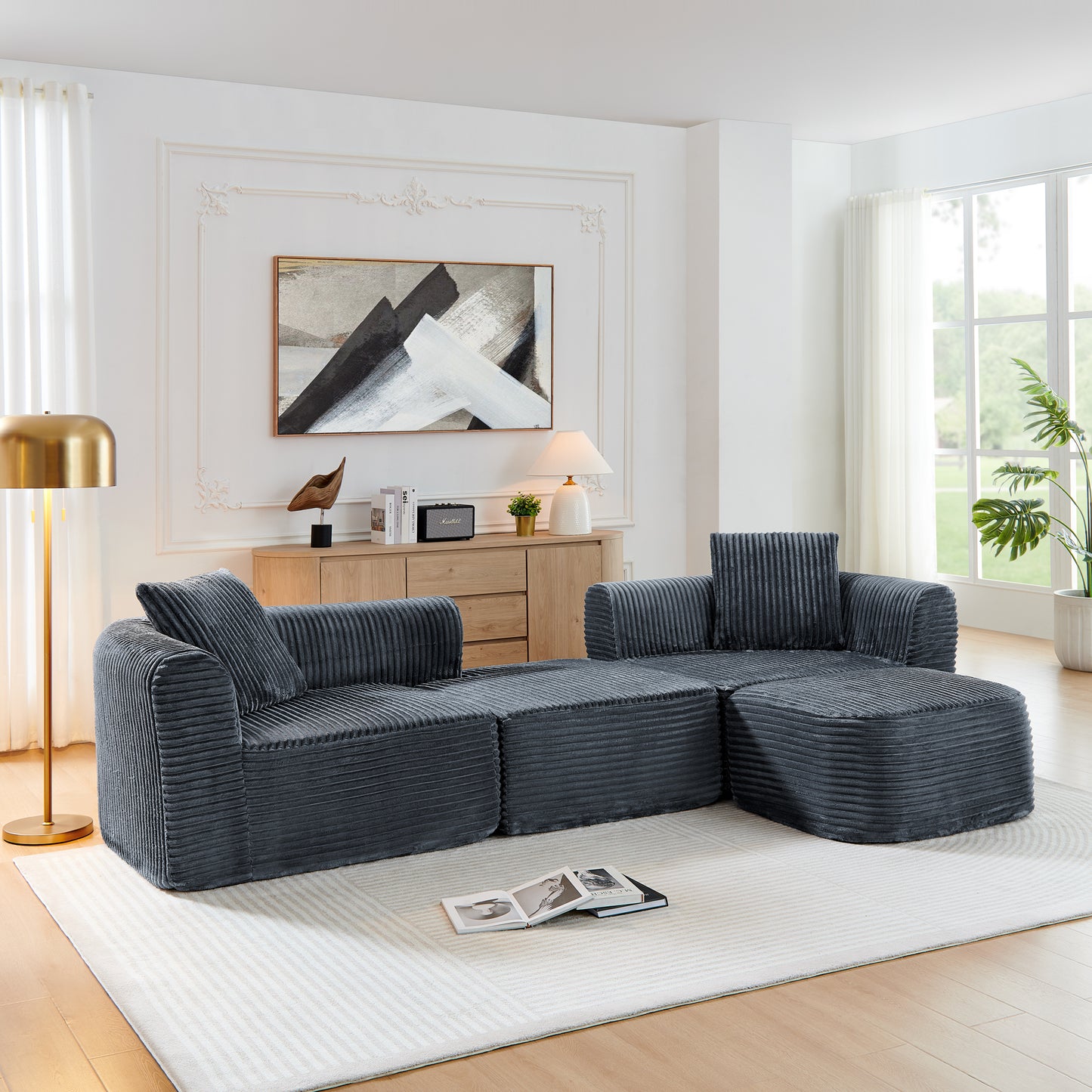 114" Cloud Sectional Couch with L-Shape Chaise, Modular Sofa with Movable Ottoman, Upholstered Couches for Living Room Bedroom, No Assembly Required, Grey image 2