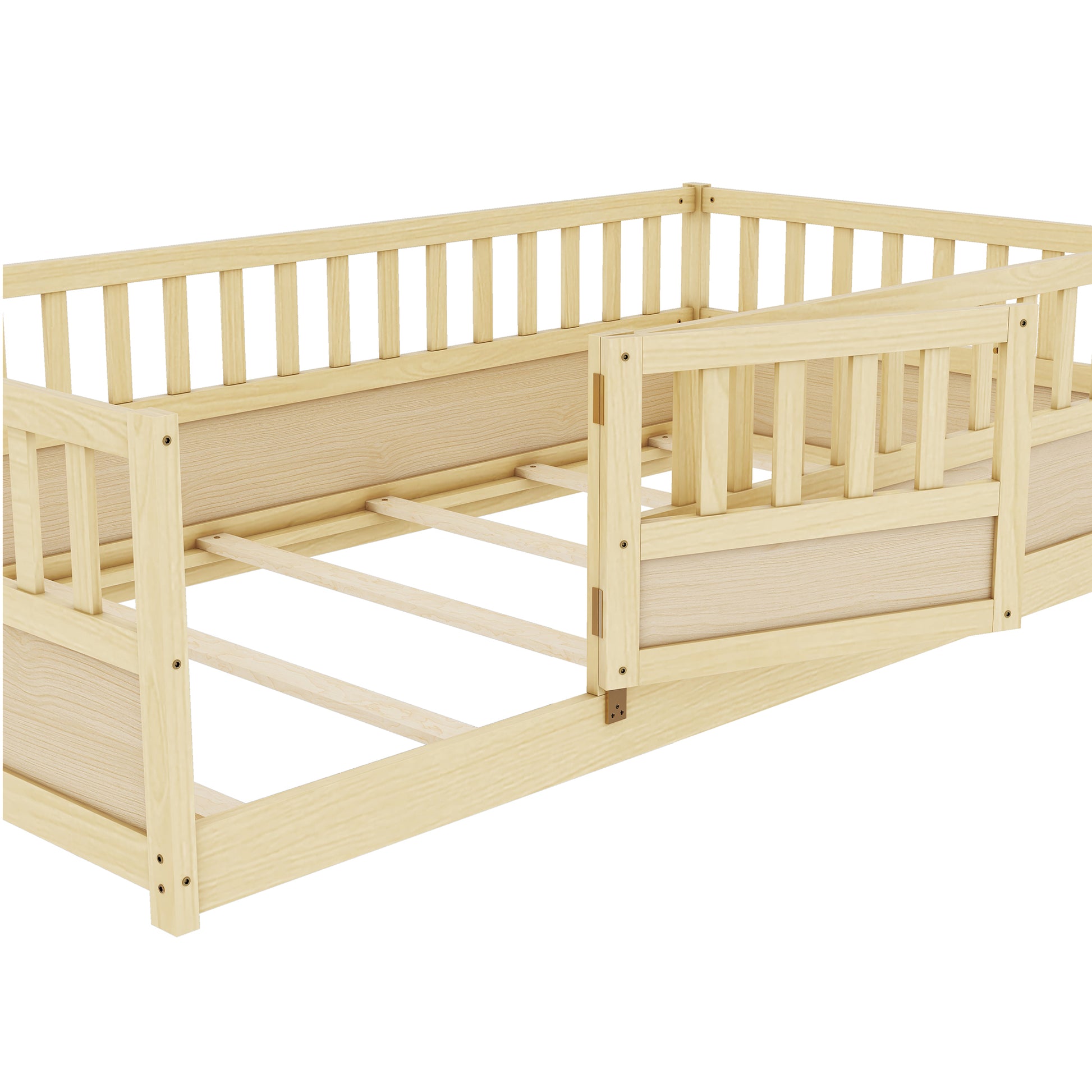 Twin Size Floor bed, integral construction with super high security barrier, door, children's floor bed frame, Montessori wooden children's floor bed, Support slat Natural Wood(Patented model) image 12