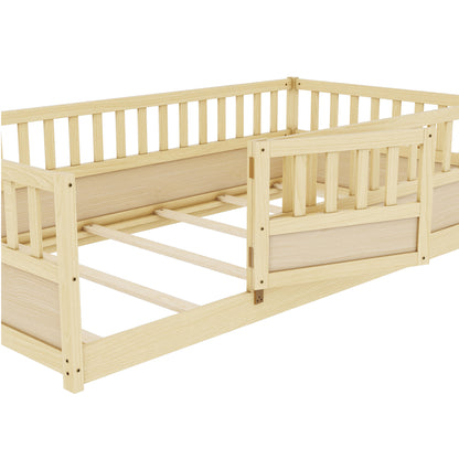 Twin Size Floor bed, integral construction with super high security barrier, door, children's floor bed frame, Montessori wooden children's floor bed, Support slat Natural Wood(Patented model) image 12