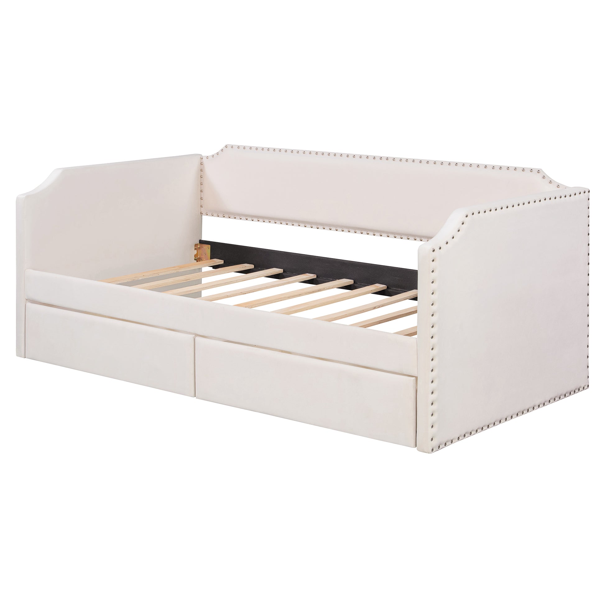 Twin Size Velvet Upholstered Daybed with 2 Drawers, Beige image 7