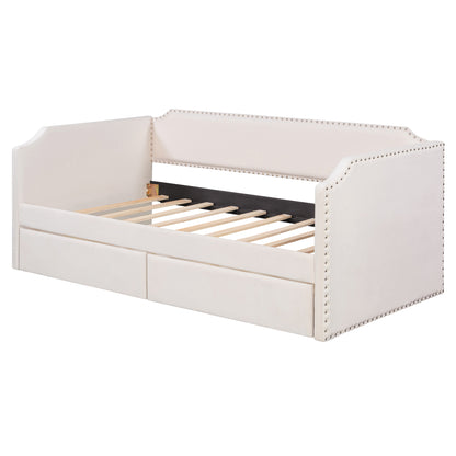 Twin Size Velvet Upholstered Daybed with 2 Drawers, Beige image 7