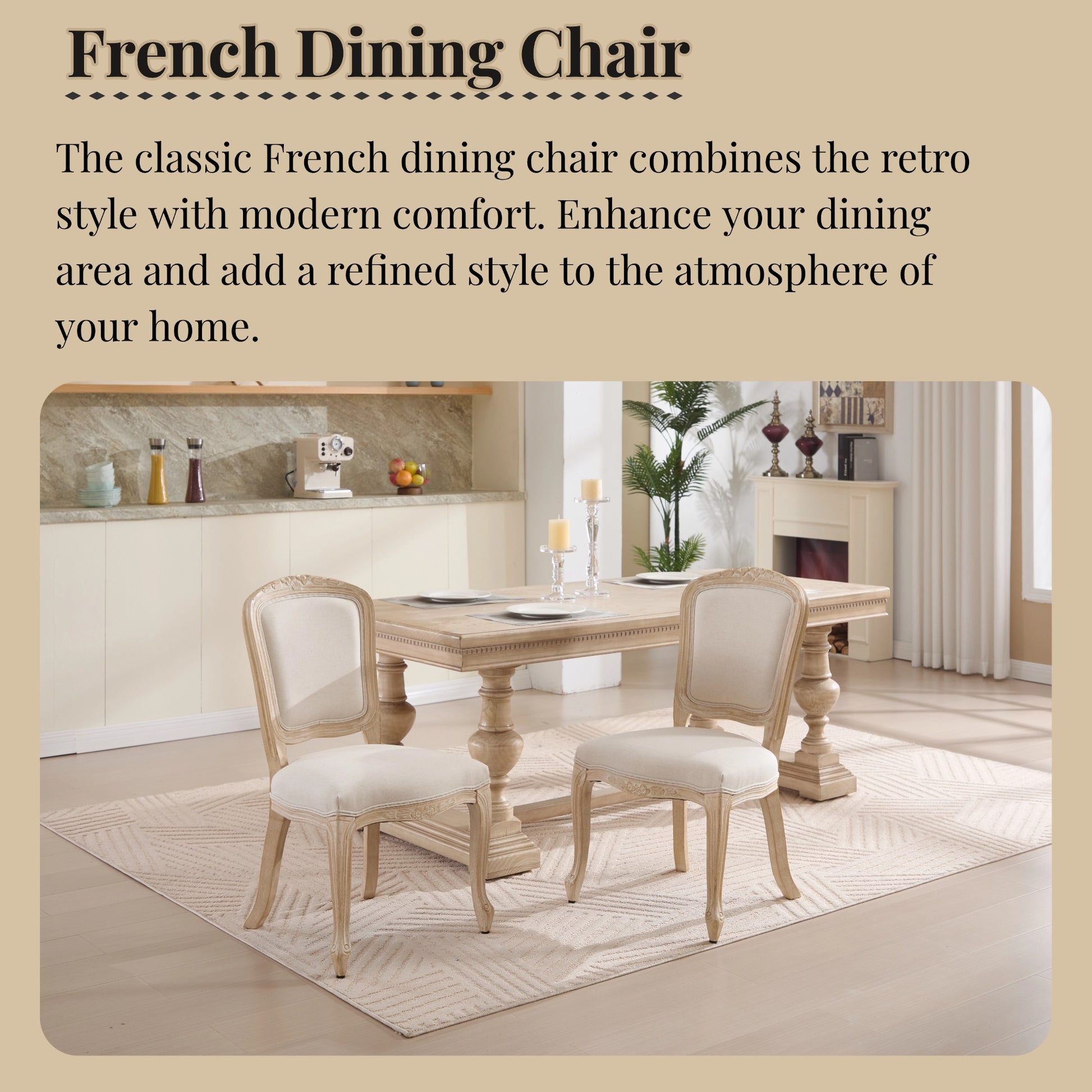 French Country Dining Chairs Set of 2, Upholstered Chairs with Fan-shaped Back, Wire drawing and carving techniques,Disassemblable, for Living Room, Kitchen, Restaurant Use, Beige image 2